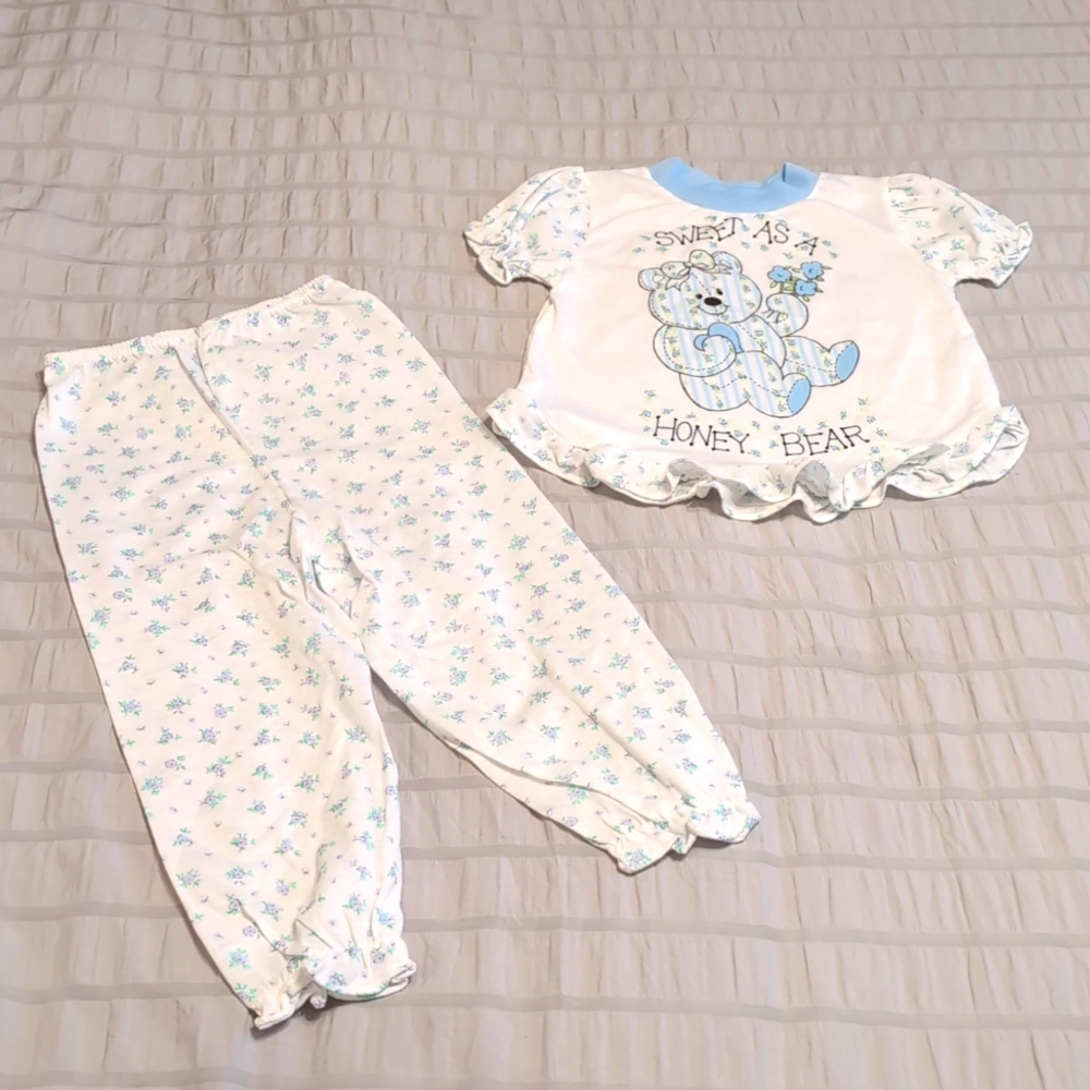 3t Vintage PJ set Floral Blue Teddy Bear